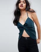 Asos Design Satin Cami With Twist Front Detail - Green
