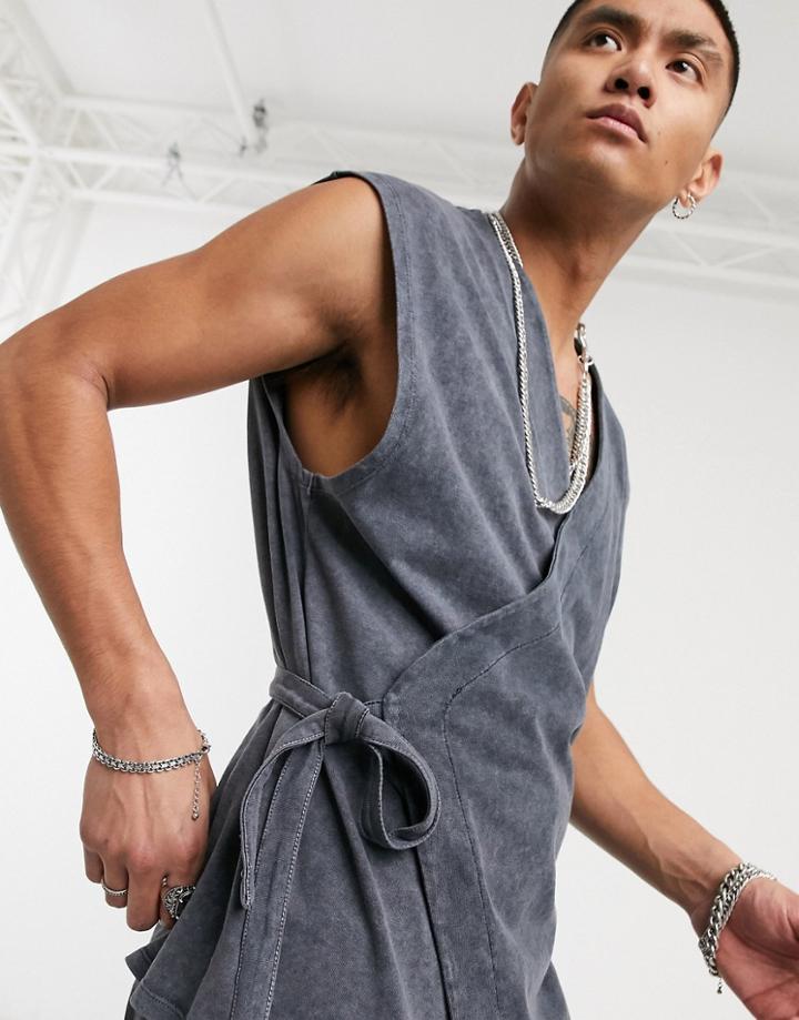 Asos Design Oversized Sleeveless Wrap Top In Heavyweight Gray Acid Wash-black