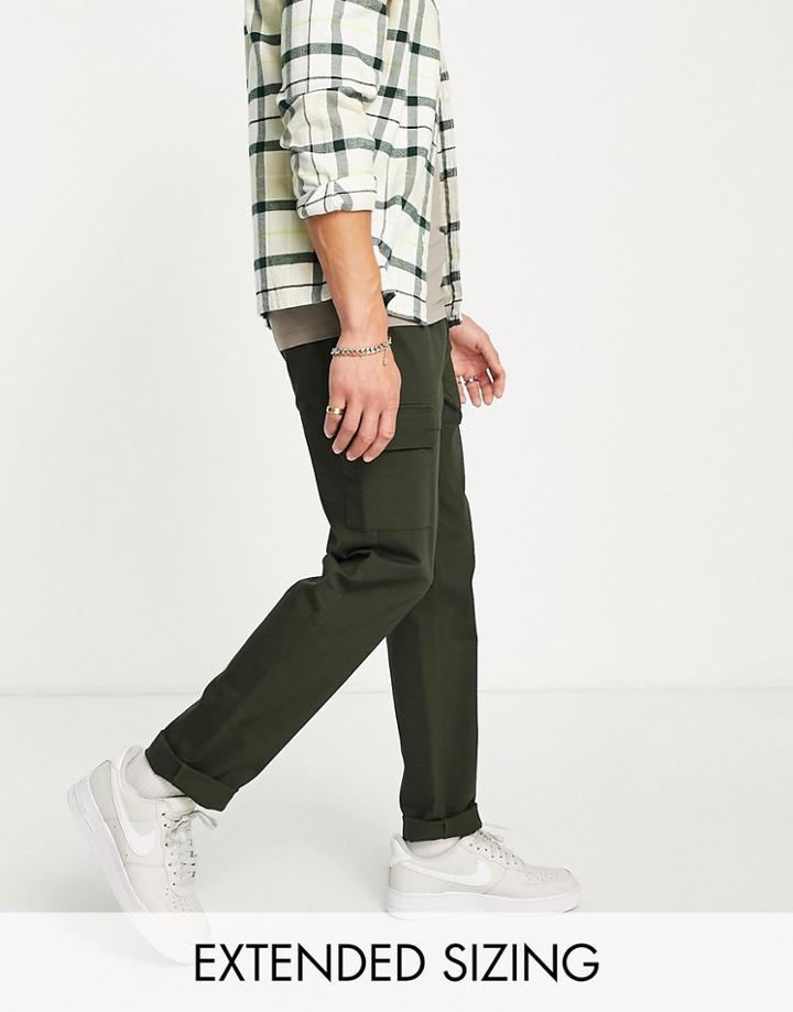 Asos Design Slim Cargo Pants With Laid On Pockets In Dark Khaki-green