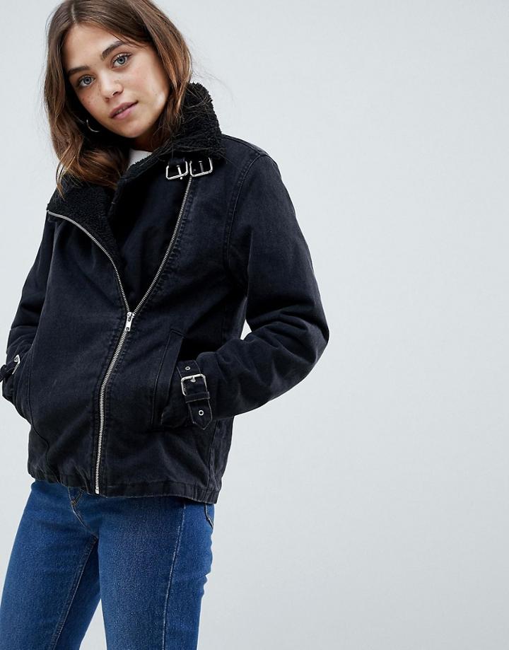 Asos Design Denim Biker Jacket In Washed Black - Black