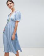 Asos Design Jacquard Embroidered Midi Tea Dress - Blue