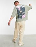 Asos Design Oversized T-shirt In Khaki Cotton With Floral Photographic Back Print-green