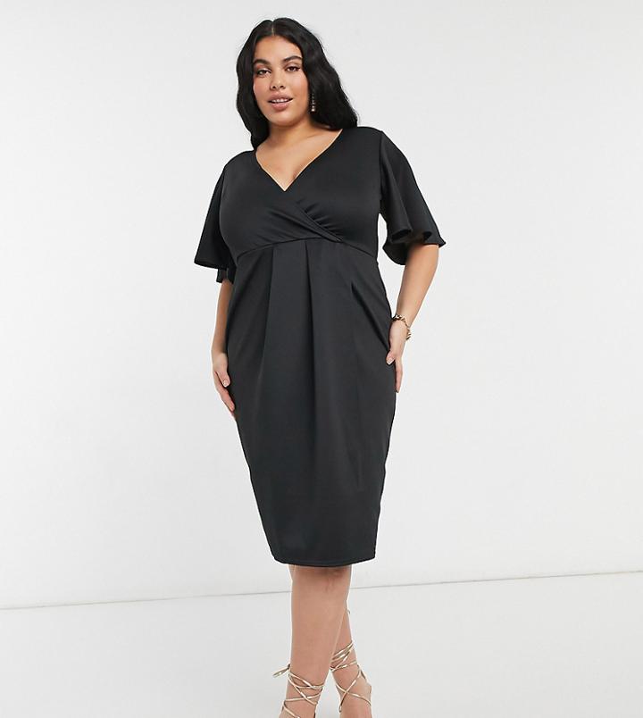 True Violet Plus Wrap Front Midi Dress With Angel Sleeve In Black