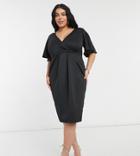 True Violet Plus Wrap Front Midi Dress With Angel Sleeve In Black