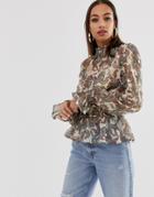 Prettylittlething High Neck Shirred Chiffon Blouse In Beige Paisley - Multi
