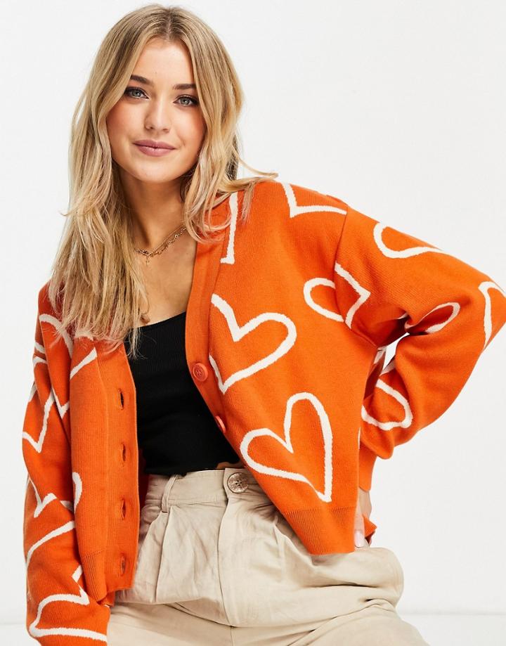 Stradivarius Heart Pattern Cardigan In Orange