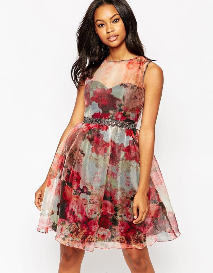 Little Mistress Midi Skater Dress In Floral Organza - Print