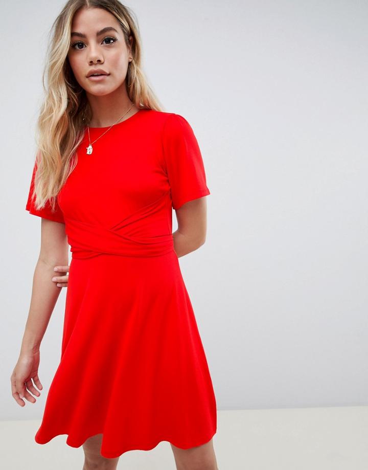 Asos Design Flutter Sleeve Wrap Waist Tea Dress - Red