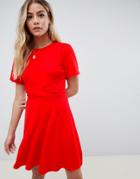 Asos Design Flutter Sleeve Wrap Waist Tea Dress - Red