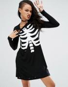 Asos Halloween Swing Dress With Rib Print And Nibbled Effect - Black