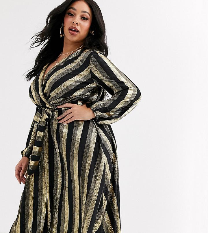 Flounce London Plus Wrap Front Midi Dress In Gold Stripe-multi