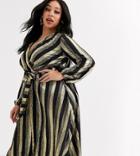 Flounce London Plus Wrap Front Midi Dress In Gold Stripe-multi