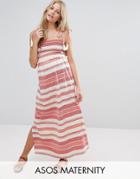Asos Maternity Stripe Maxi Dress With Pom Pom And Shirring Detail - Red