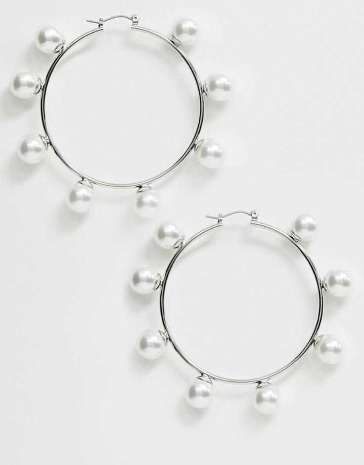 Asos Design Hoop Earrings With Pearl Station In Silver Tone - Silver