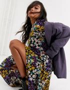 Asos Design Trapeze Maxi Dress With Puff Sleeve In Mixed Daisy Print