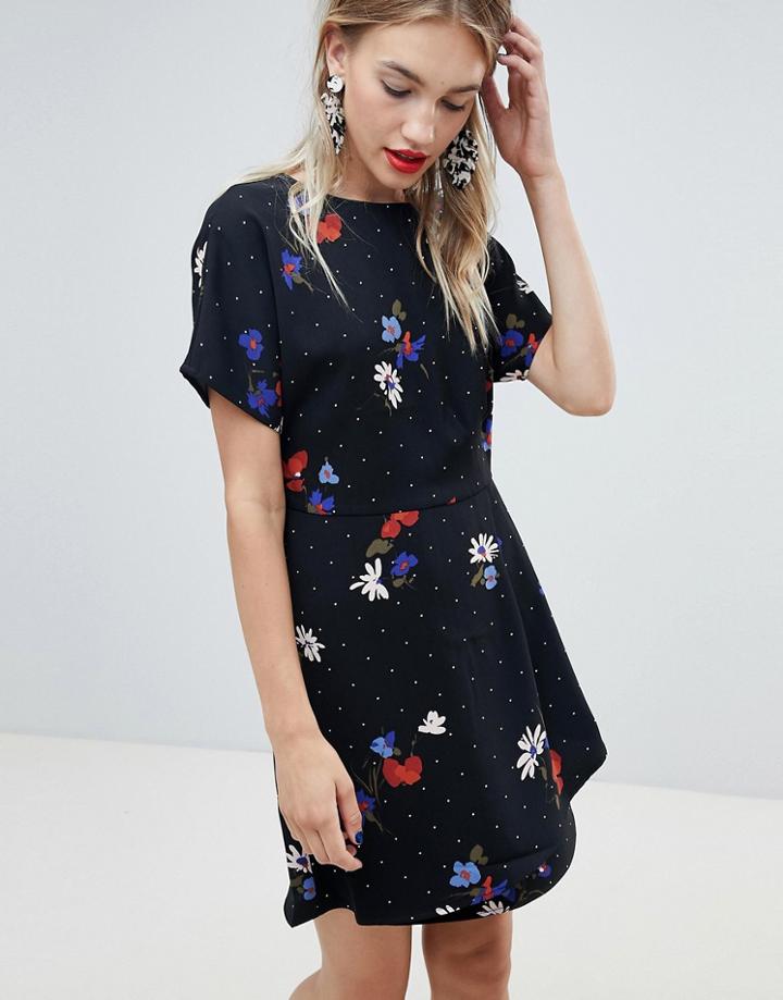 Warehouse Polka Dot And Floral Skater Dress - Multi