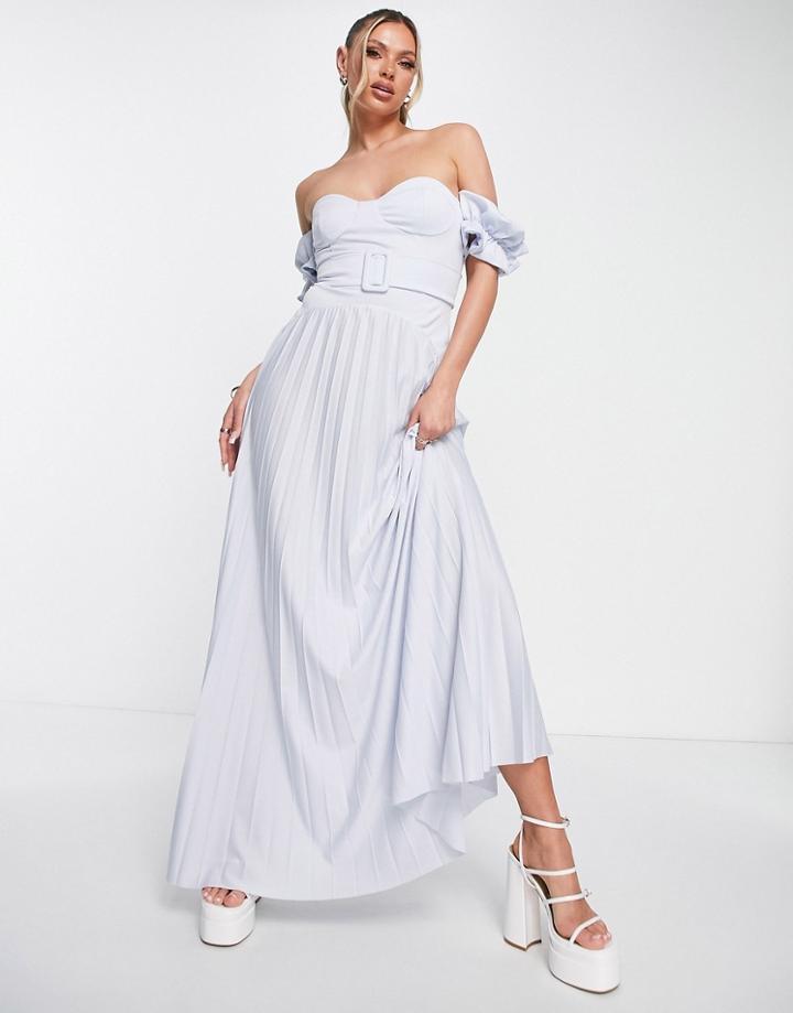 Asos Design Bardot Belted Pleated Maxi Dress In Dusky Blue