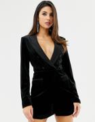 Lavish Alice Velvet Tuxedo Romper With Contrast Satin Lapel In Black - Black