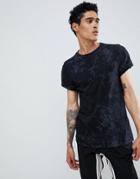 Asos Design T-shirt With Roll Sleeve And Pigment Wash In Black - Black