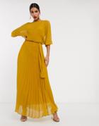 Asos Design Eivissa Blouson Pleated Maxi Dress With Self Belt-yellow