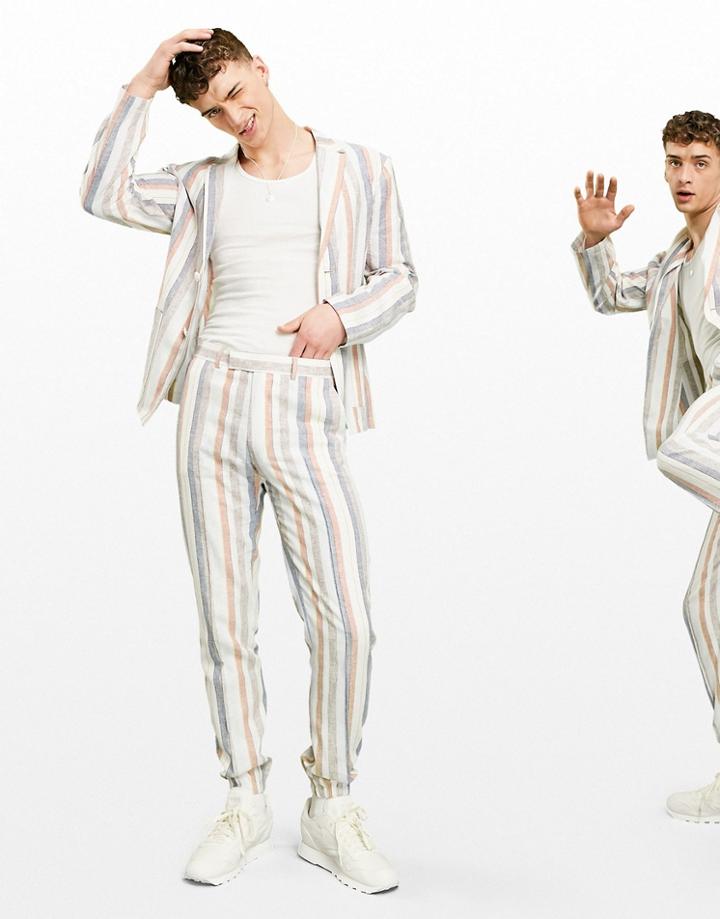 Asos Design Soft Tailored Linen Slim Suit Pants Multi Stripe In White And Blue