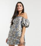 Chi Chi London Petite Puff Sleeve Structured Mini Dress In Gray Tonal Print-grey