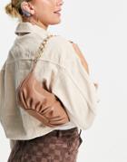 Asos Design 70s Ruched Curved Shoulder Bag With Chain In Tan-brown