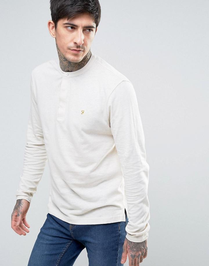 Farah Weddell Long Sleeve Top Henley Linen Regular Fit In Chalk Marl - Gray
