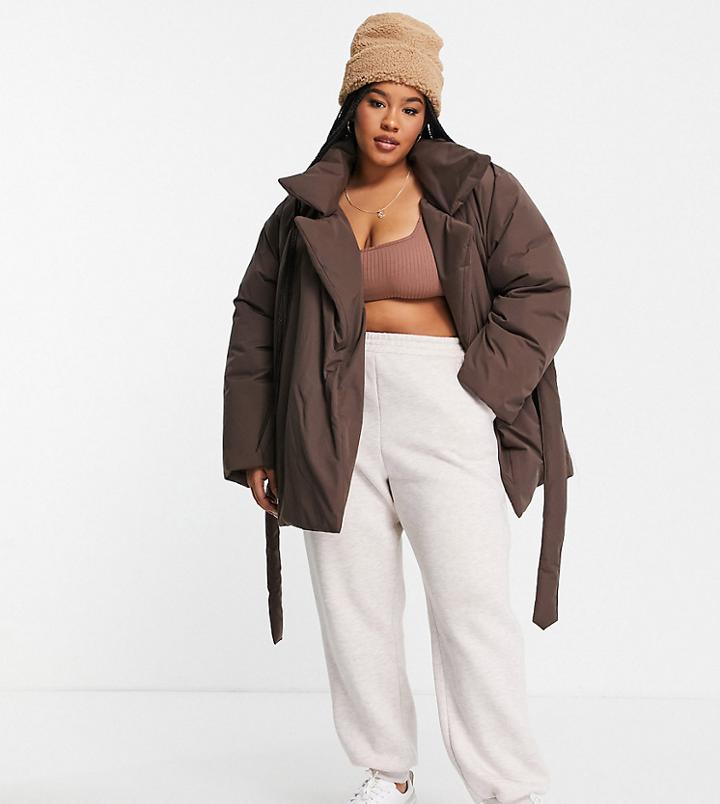 Asos Design Curve Belted Puffer Jacket In Brown