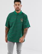 Asos Design Oversized Striped Polo With Emblem-green