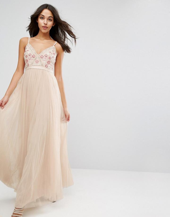Needle & Thread Prarie Embroidery Tulle Maxi Dress - Pink