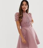 Little Mistress Petite Lace Top Full Prom Mini Dress In Blush-pink