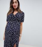 Asos Design Maternity Midi Wrap Plisse Dress In Polka Dot - Multi