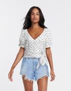 Miss Selfridge Tie Side Blouse In White Dots
