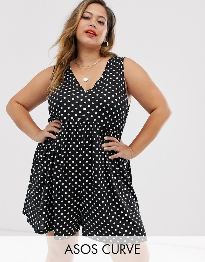 Asos Design Curve Curved Smock Romper In Mono Polka Dot-multi