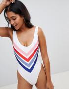 Stradivarius V Stripe Print Swimsuit - White