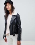 Lab Leather Biker Jacket With Detachable Faux Fur Collar - Black