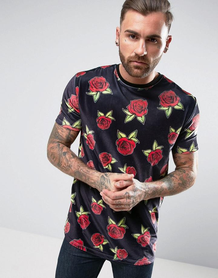 Asos Longline T-shirt In Velour With Rose Print - Black