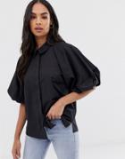 Asos Design Shirt With Short Puff Sleeve Detail-black