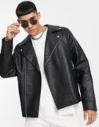 Topman Faux Leather Biker Jacket In Black