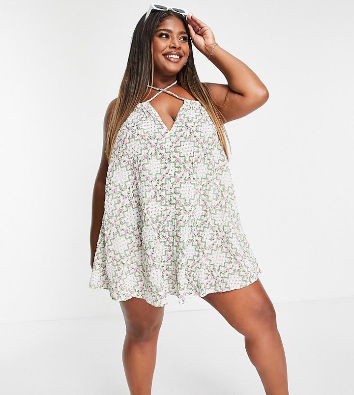 Asos Design Curve Multiway Strappy Mini Beach Dress In Wallpaper Floral Print