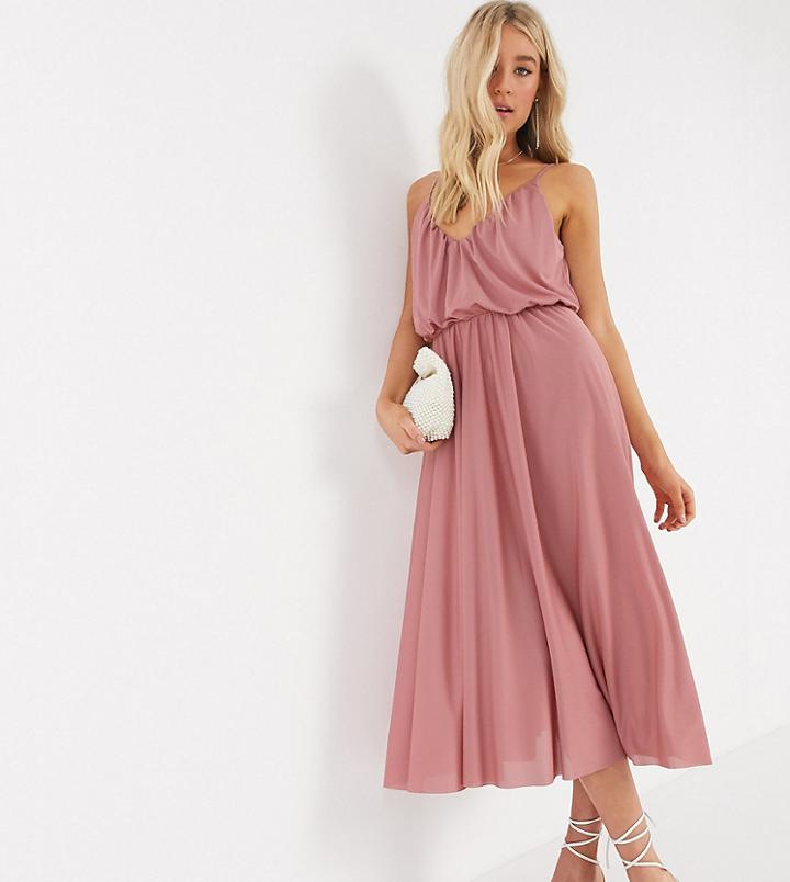 Asos Design Tall Cami Plunge Midi Dress With Blouson Top In Soft Pink-multi