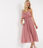 Asos Design Tall Cami Plunge Midi Dress With Blouson Top In Soft Pink-multi