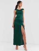 Ax Paris Satin Bardot Maxi Dress With Slit - Green