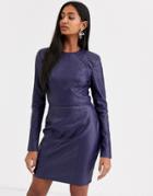 Asos Design Leather Look Long Sleeve Mini Dress-navy