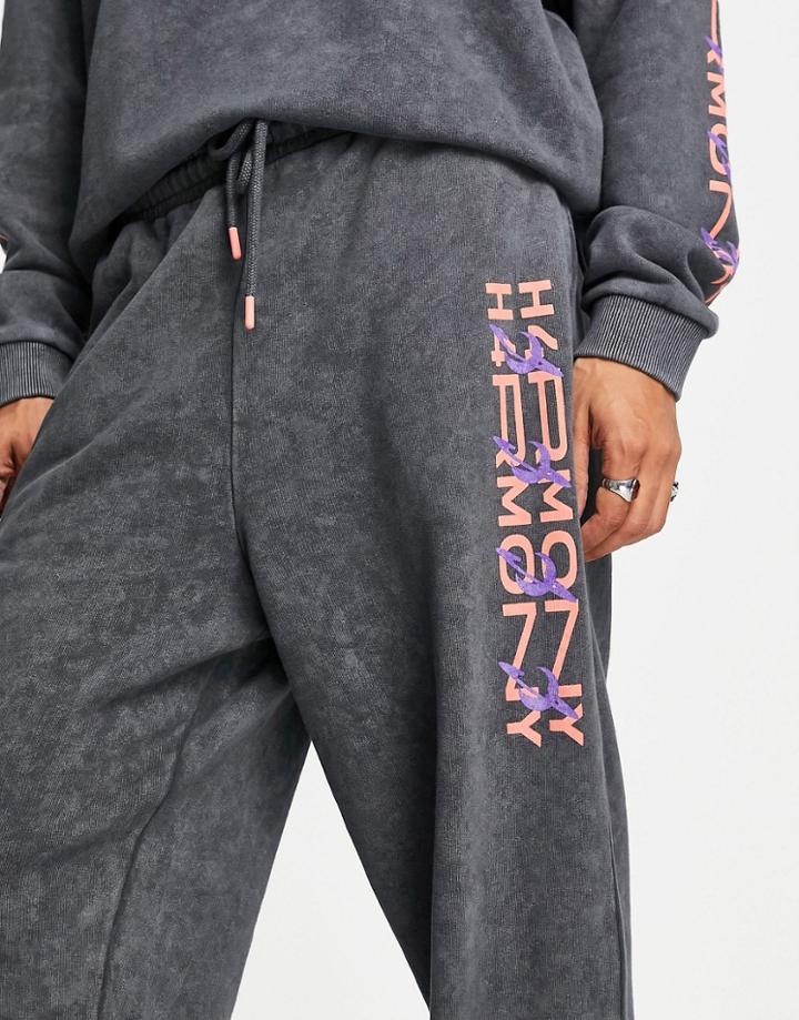 Asos Design Oversized Sweatpants In Black Acid Wash With Space Print - Part Of A Set