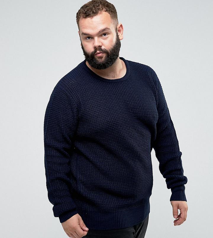 Brave Soul Plus Crew Neck Waffle Knit Sweater - Navy