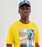 Asos Design Tall Relaxed T-shirt With Photographic Print And Roll Sleeve - Yellow