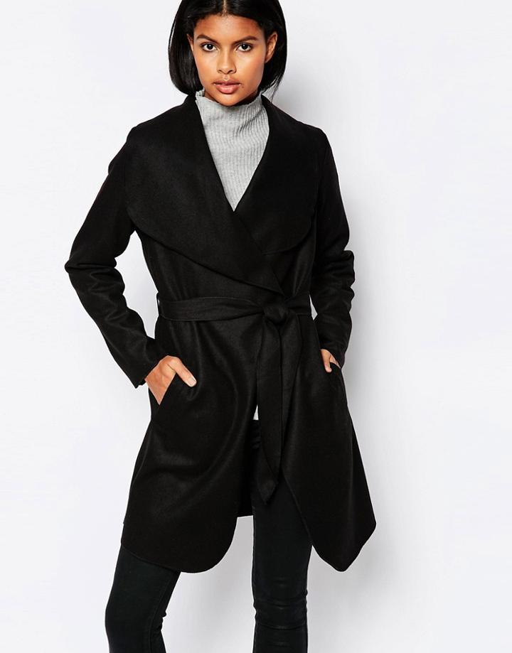Brave Soul Belted Coat With Oversized Collar - Black