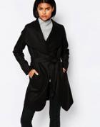 Brave Soul Belted Coat With Oversized Collar - Black